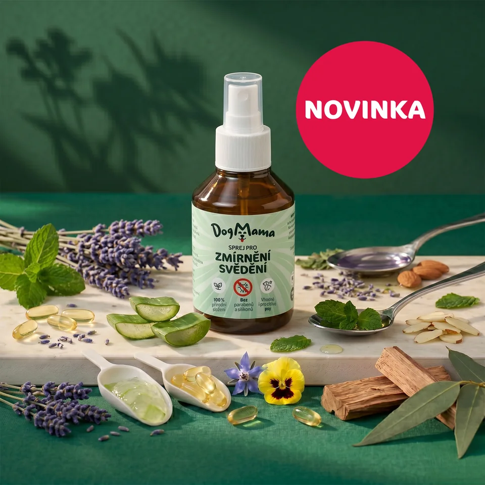 DogMama-Produktbanner mit Spray, Kräutern und grünem Hintergrund