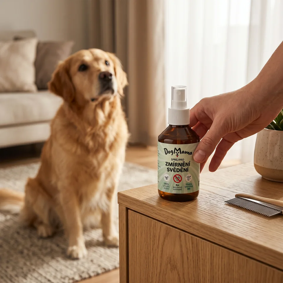 Golden Retriever im Wohnzimmer neben einem DogMama-Produkt