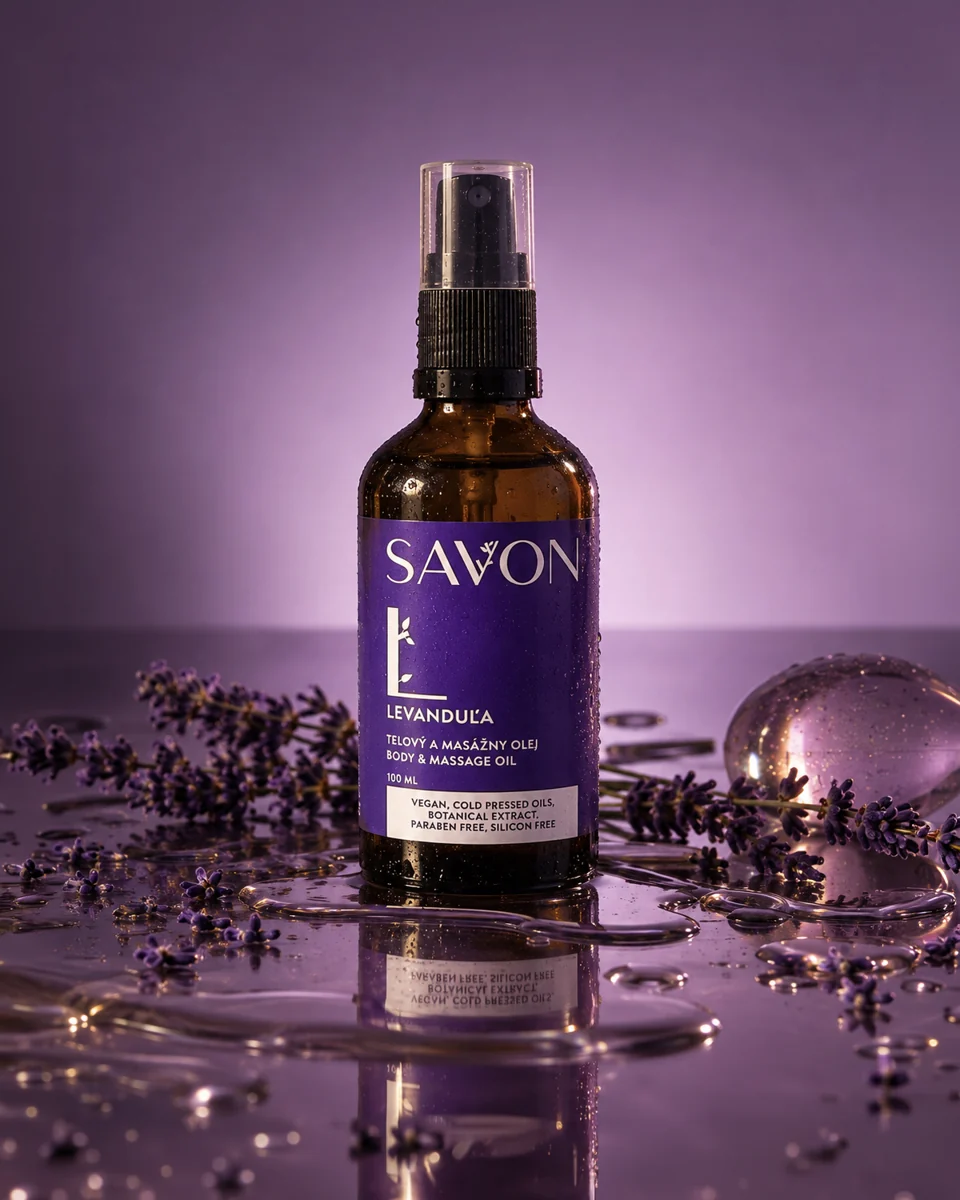Savon-Lavendelprodukt in einer violetten Szene