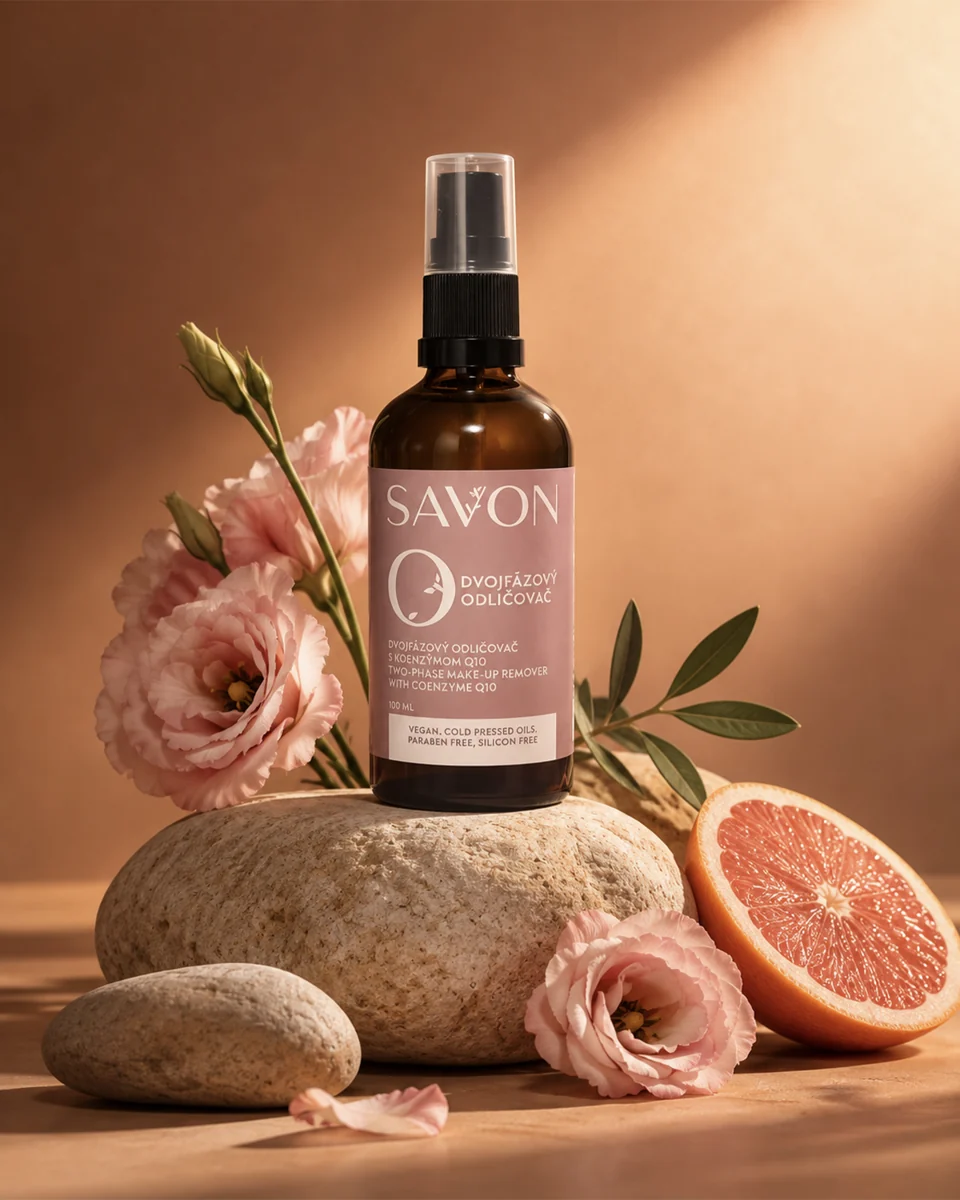 Savon-Zweiphasen-Make-up-Entferner mit rosa Blüten, Stein und Zitrusfrucht