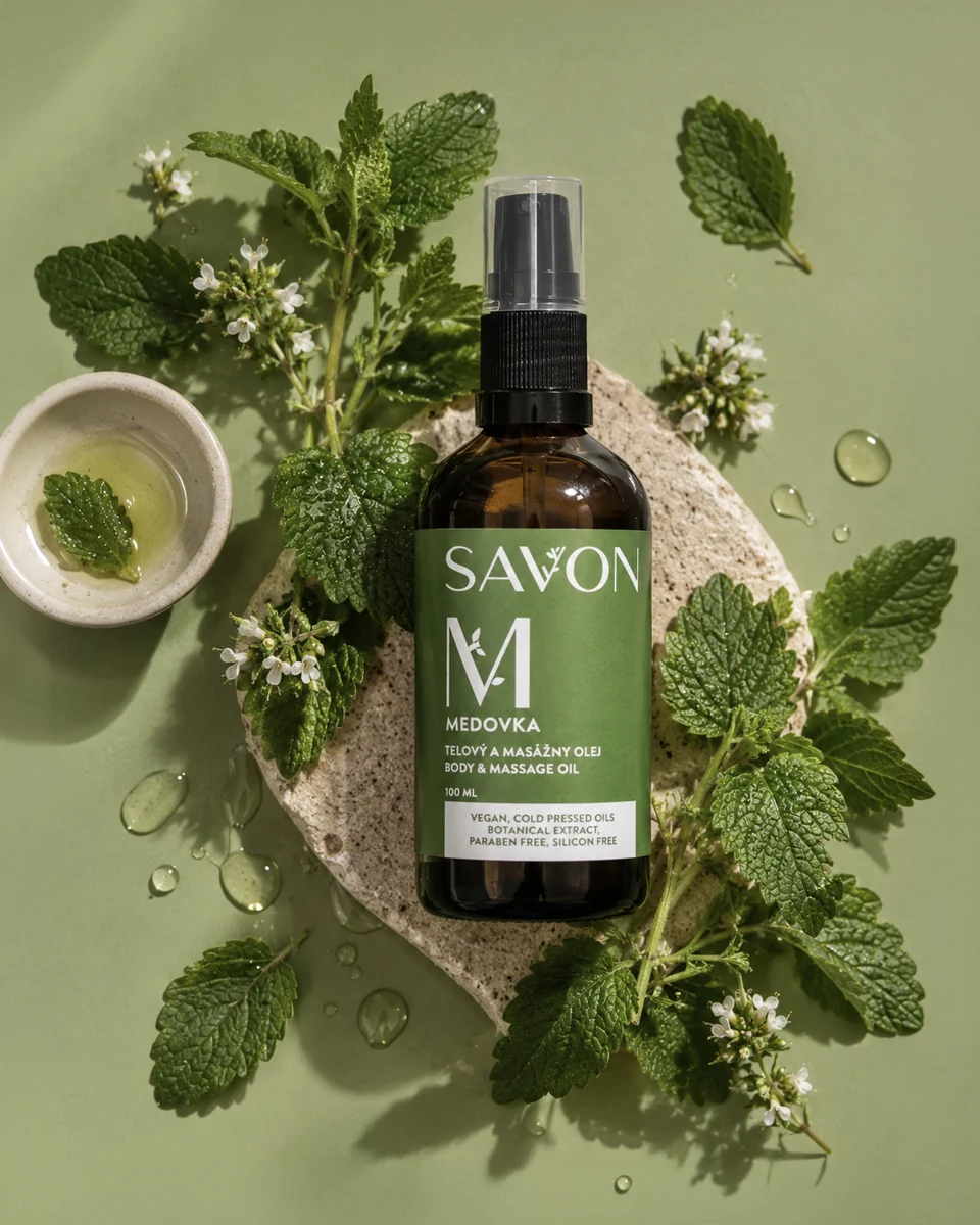 Savon-Körper- und Massageöl Melisse zwischen grünen Blättern