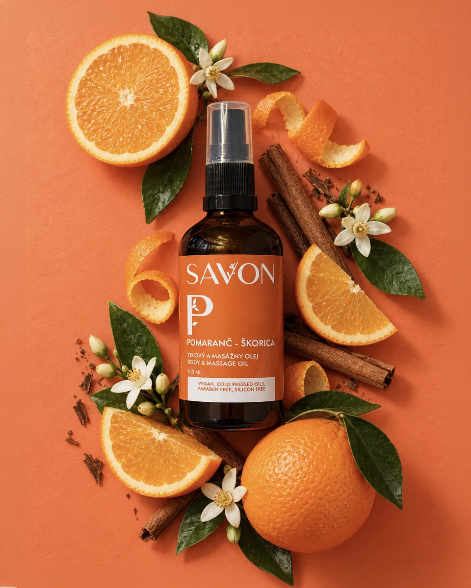 Savon-Körper- und Massageöl Orange–Zimt mit Zitrusfrüchten, Zimt und Blüten